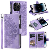 006 For iPhone 16 Pro Case Mandala Flower Zipper Pocket Leather Phone Cover