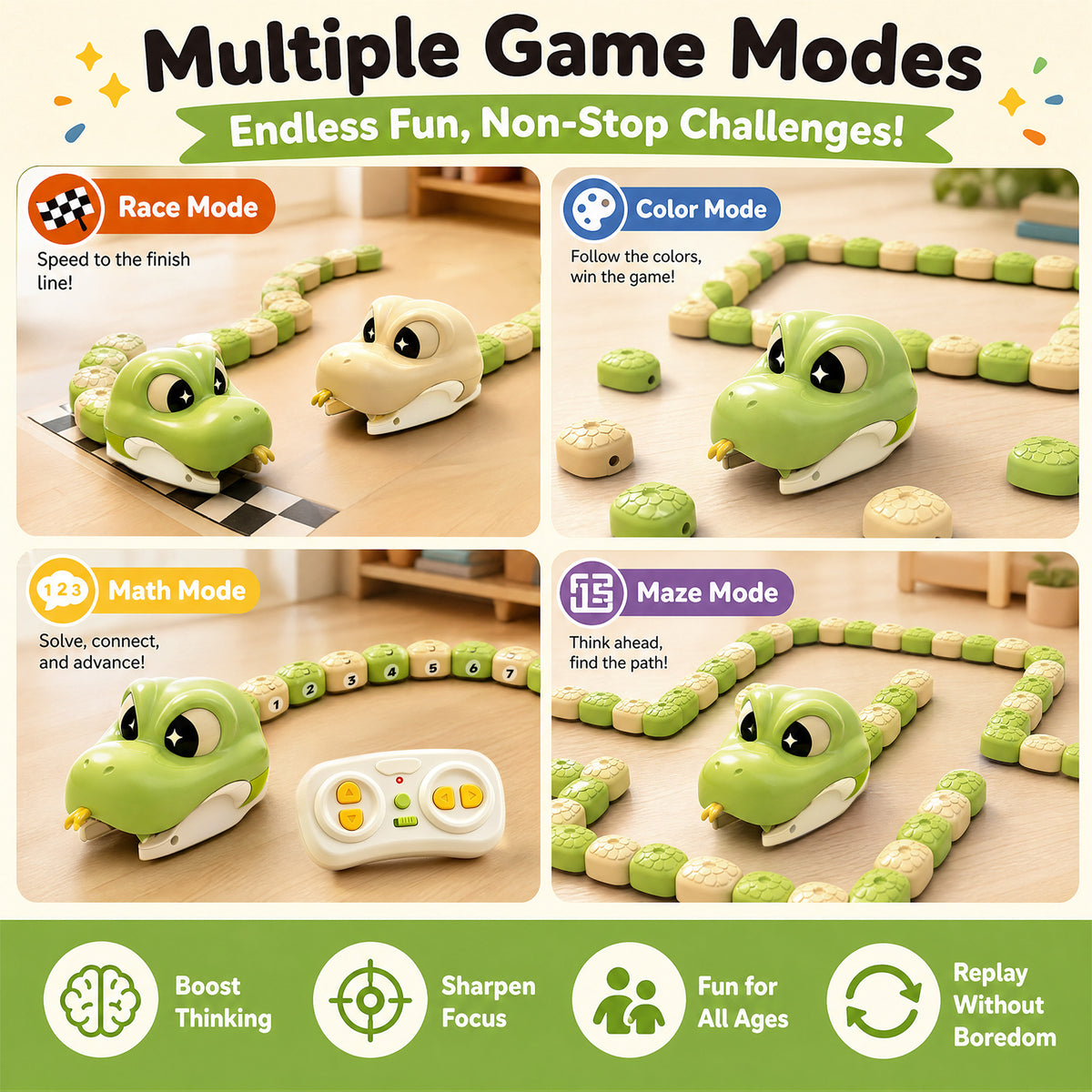 Two Player Magnetic Snake Toy Remote Control Battle Game 4 Learning Modes USB Rechargeable for Children