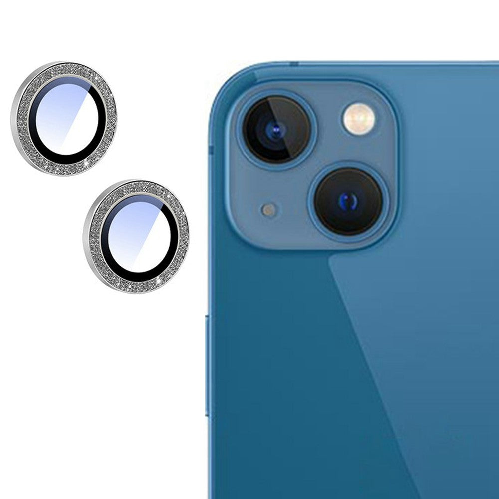 Til iPhone 13 / 13 mini kameralinsebeskytter med glitter og metalramme, linsefilm med installationsværktøj