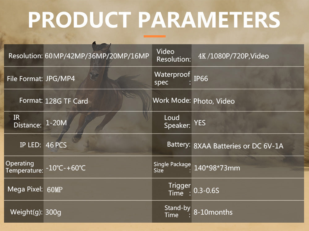 PR300 WIFI Vildtkamera 60MP 4K Video Nattesyn Infrarød IP66 Vandtæt Vildtkamera