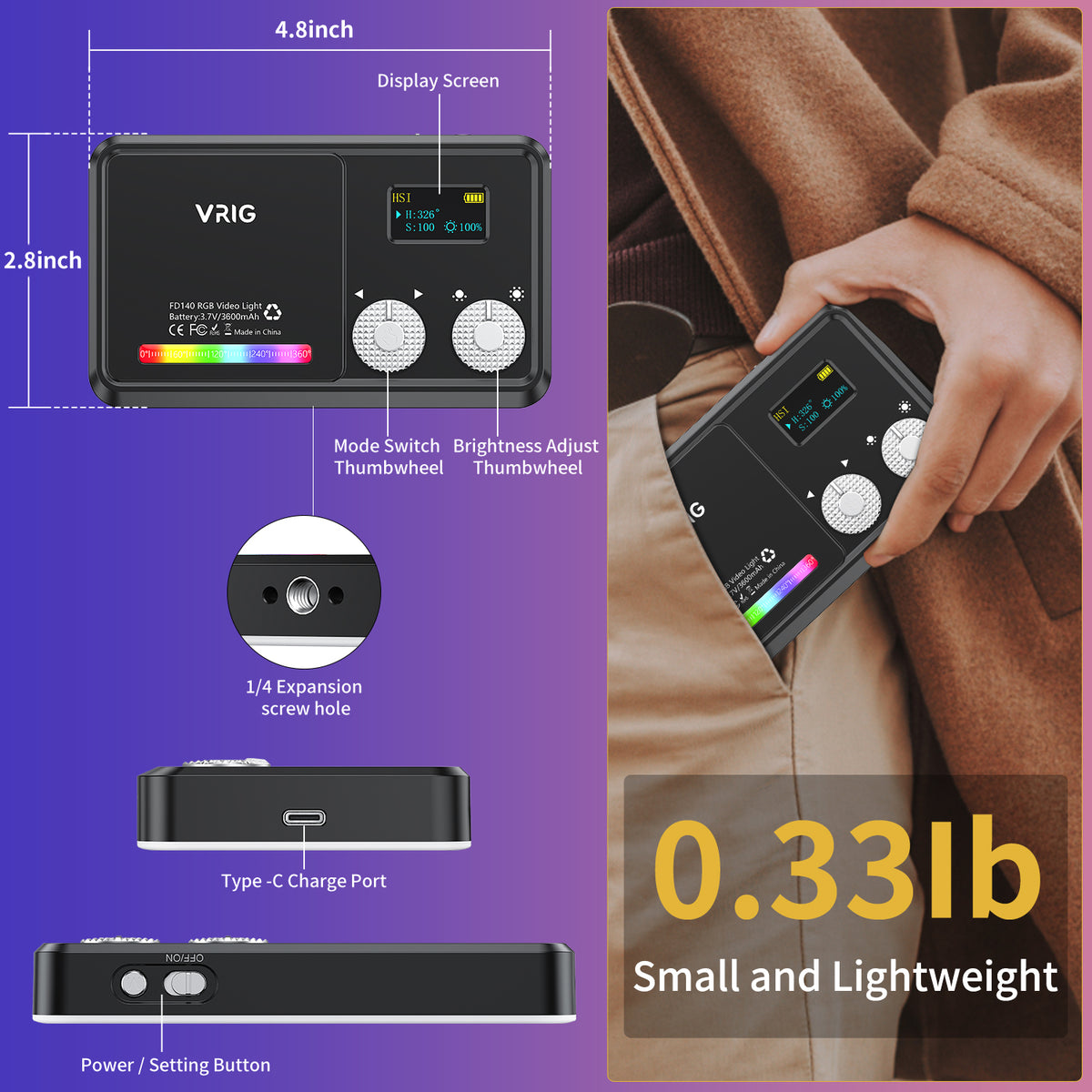 VRIG FD-98 LED Videolys 2500K-9000K Justerbar Dobbelt Farvetemperatur Bærbar Fill Lampe til Livestreaming / Fotografi
