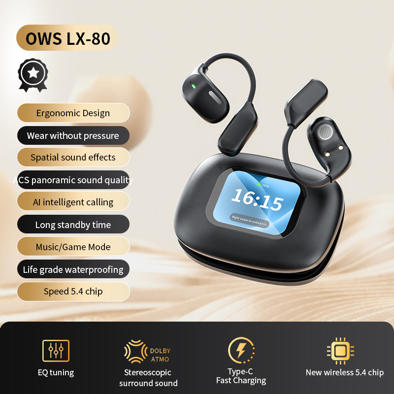 LX-80 Ear-hook Bluetooth-compatible Earbuds with Full Color Touch Screen Charging Case Noise Cancellation Sports Earbuds