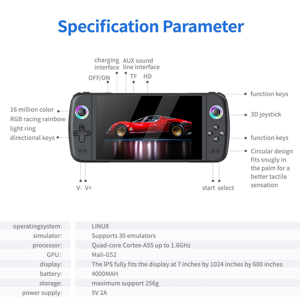 M27 7-Inch IPS Screen Handheld Game Console, HD Output, 20000+ Classic Games, RGB Lighting Gamepad, with 64GB TF Card