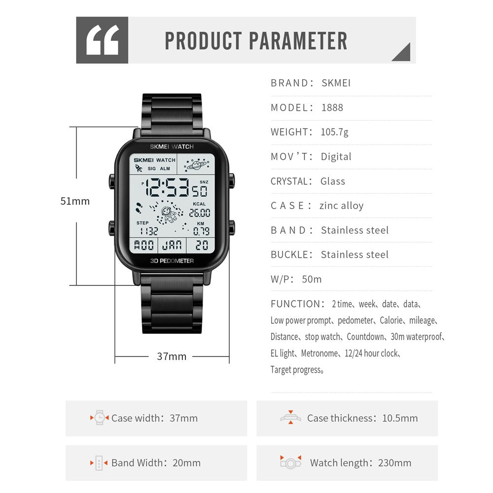 SKMEI 1888 Business Men Square Electronic Watch Steel Strap Sport Digital Watch