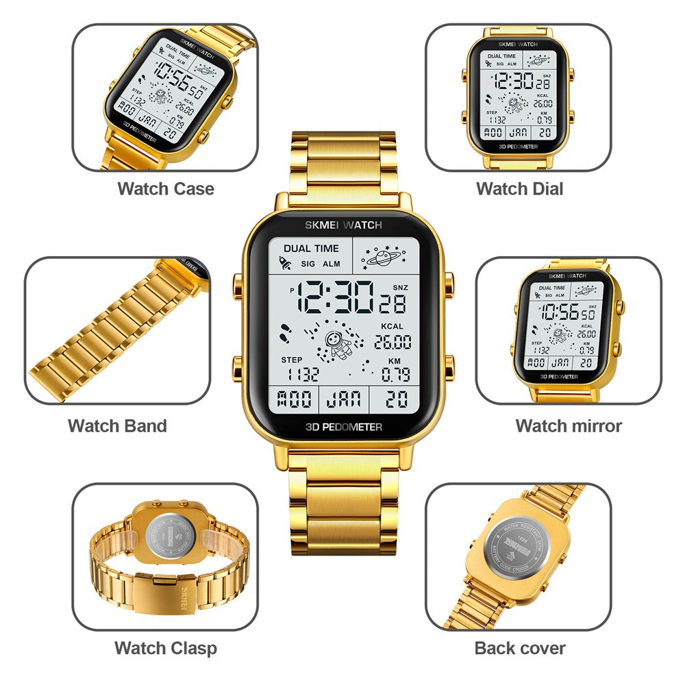 SKMEI 1888 Business Men Square Electronic Watch Steel Strap Sport Digital Watch