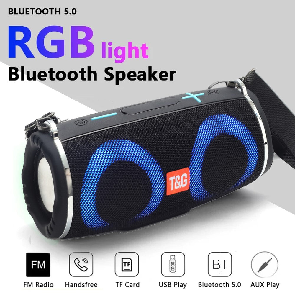 T&G TG642 RGB Light Bluetooth-compatible Speaker High Power Waterproof Wireless Speaker Support FM/TF Portable Subwoofer Speaker with Shoulder Strap for Laptops (CE)
