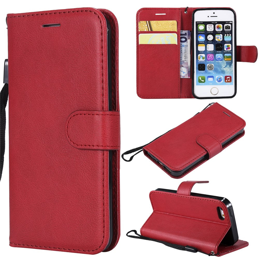 For iPhone SE / 5s / 5 Case Solid Color Leather Mobile Cover Wallet Stand with Strap