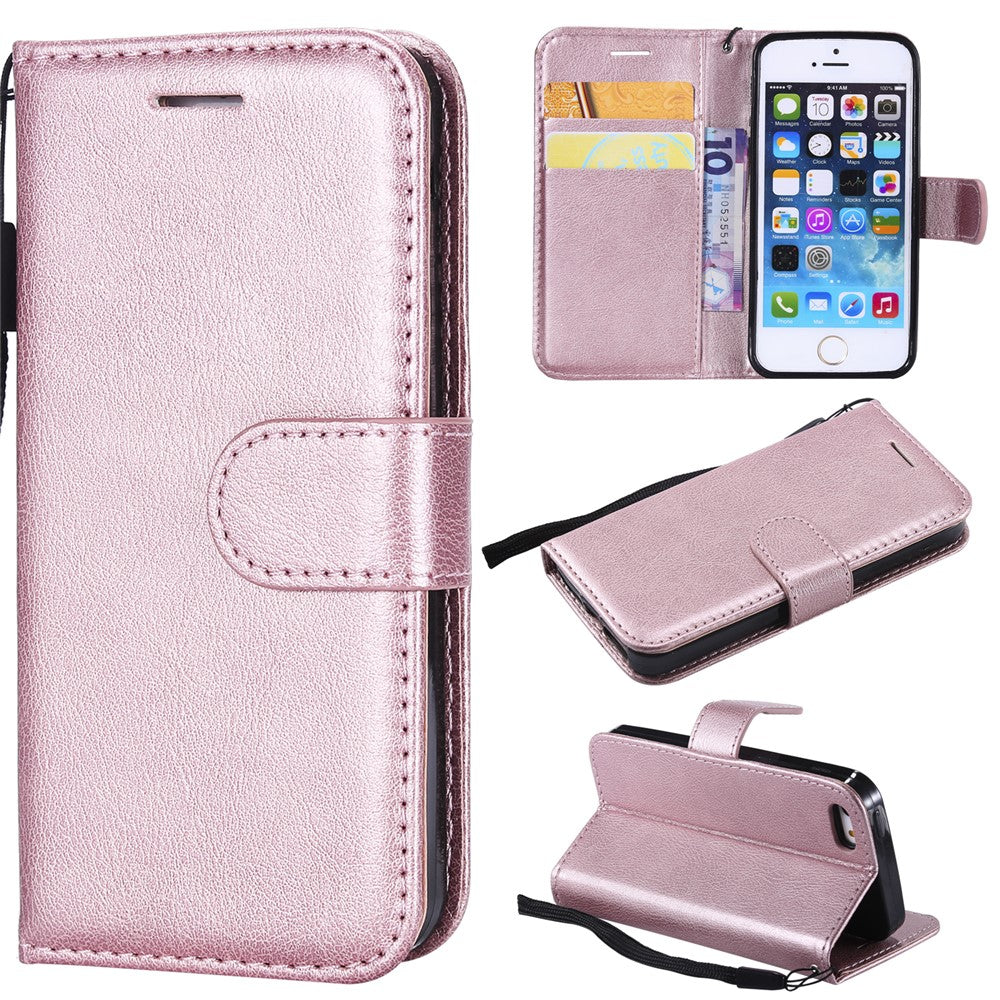 For iPhone SE / 5s / 5 Case Solid Color Leather Mobile Cover Wallet Stand with Strap