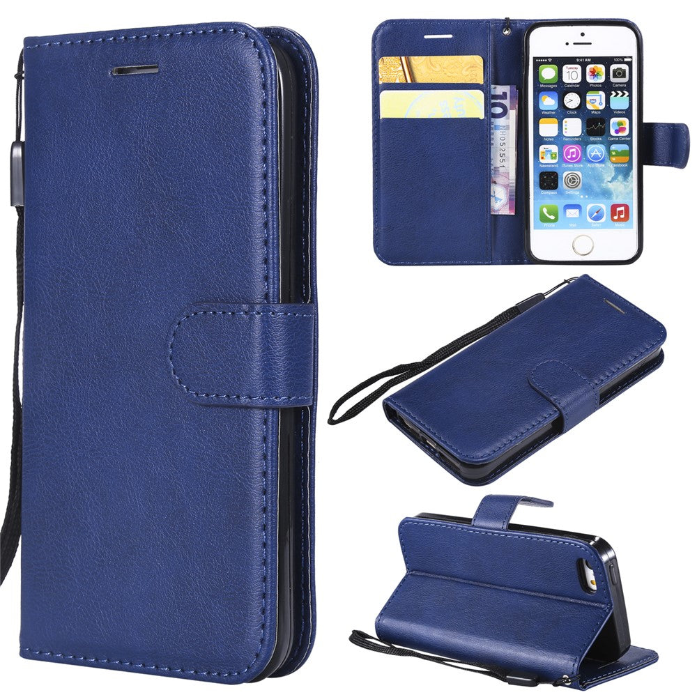 For iPhone SE / 5s / 5 Case Solid Color Leather Mobile Cover Wallet Stand with Strap