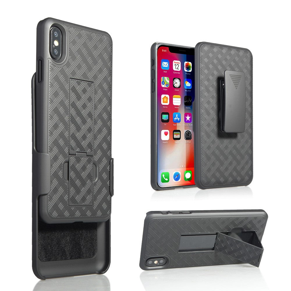 For iPhone XS Max 6.5 inch Woven Texture Swivel Belt Clip Holster PC + TPU Hybrid Cover