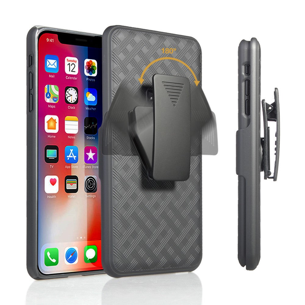 For iPhone XS Max 6.5 inch Woven Texture Swivel Belt Clip Holster PC + TPU Hybrid Cover