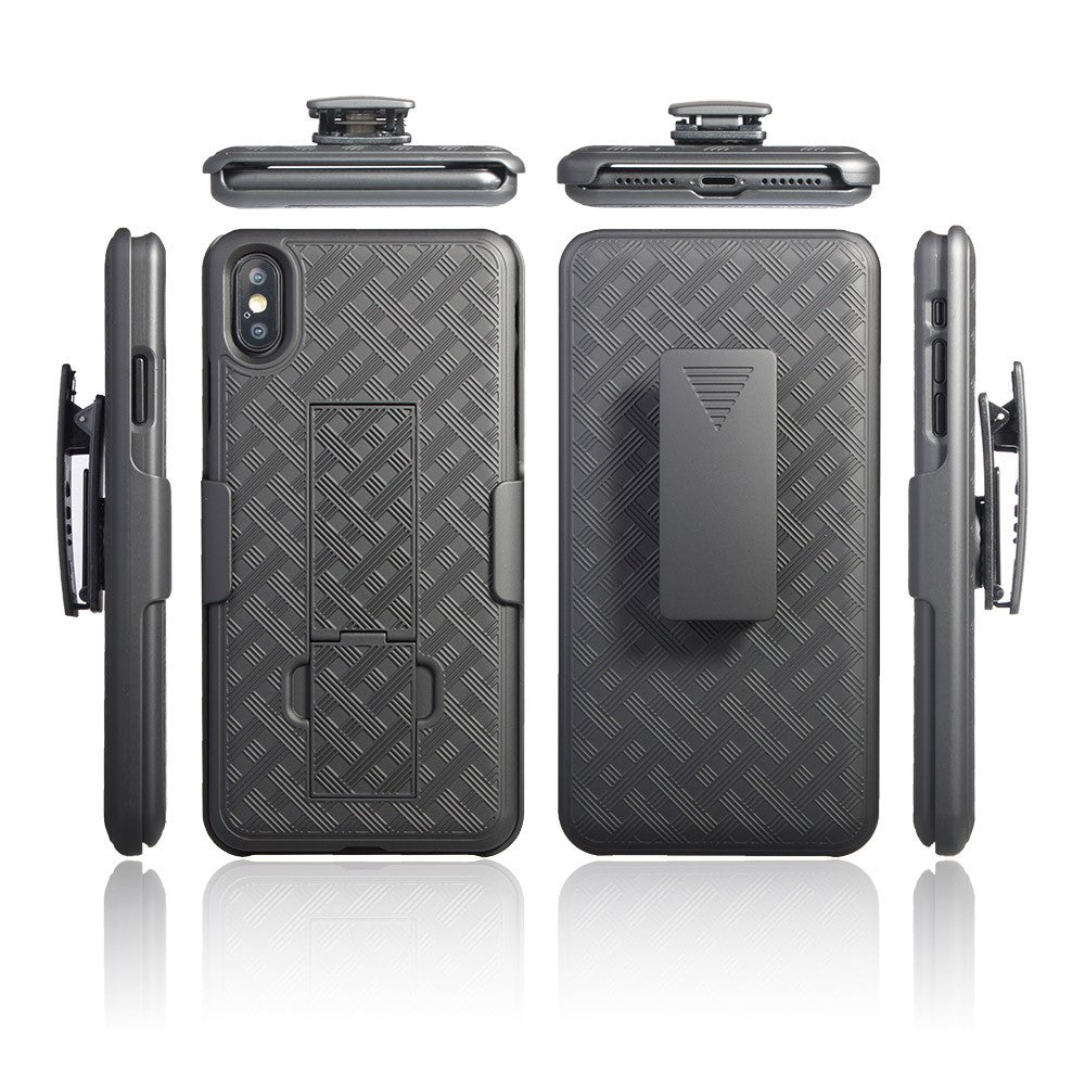 For iPhone XS Max 6.5 inch Woven Texture Swivel Belt Clip Holster PC + TPU Hybrid Cover