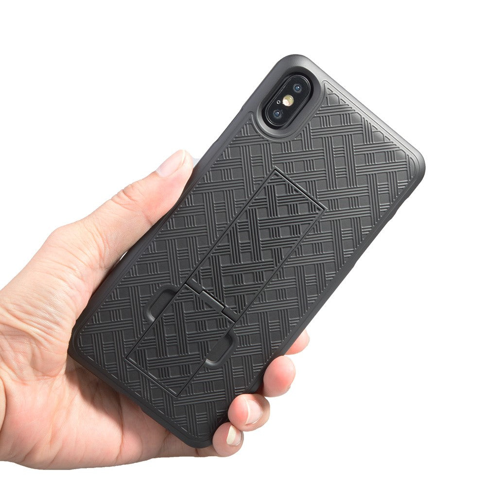 For iPhone XS Max 6.5 inch Woven Texture Swivel Belt Clip Holster PC + TPU Hybrid Cover