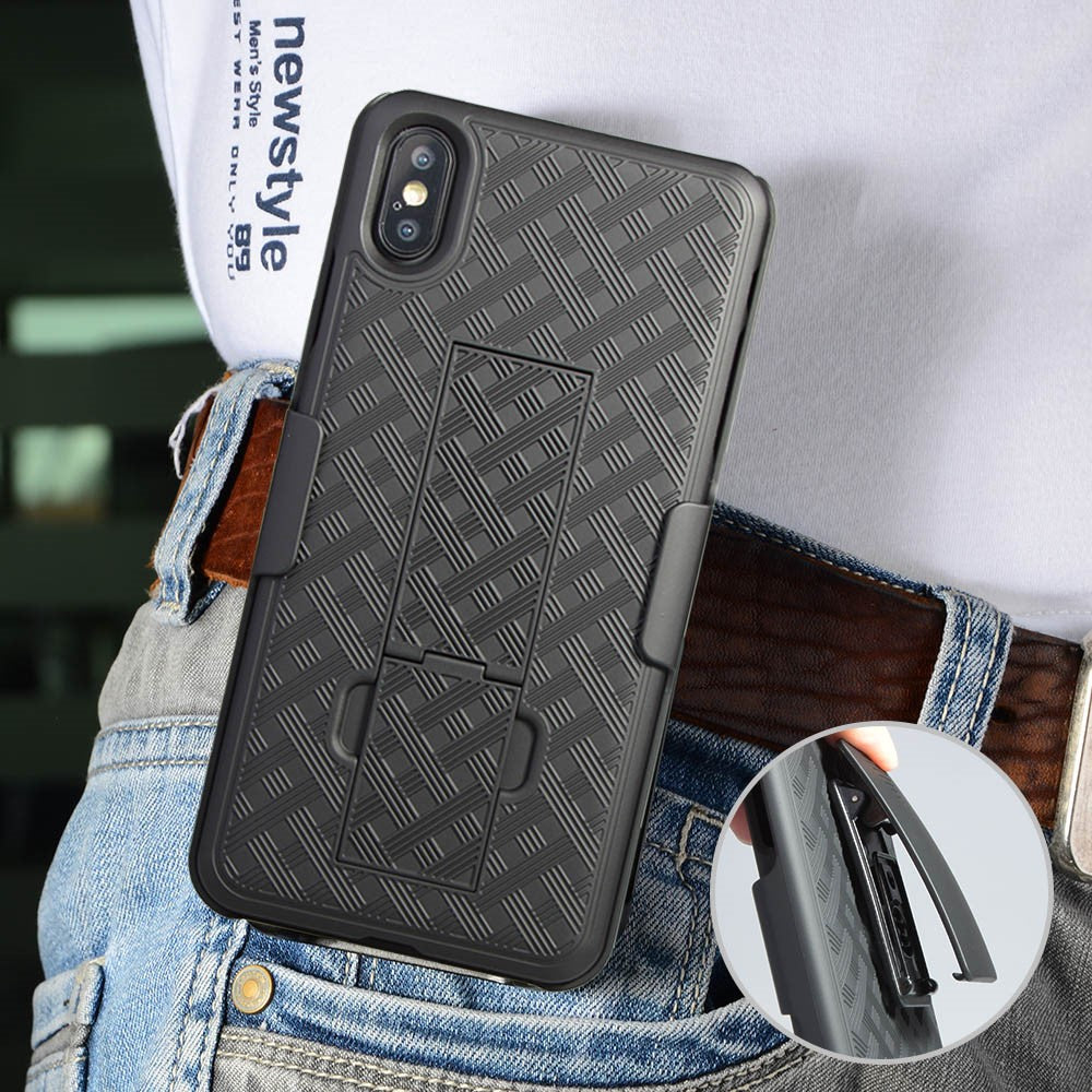 For iPhone XS Max 6.5 inch Woven Texture Swivel Belt Clip Holster PC + TPU Hybrid Cover