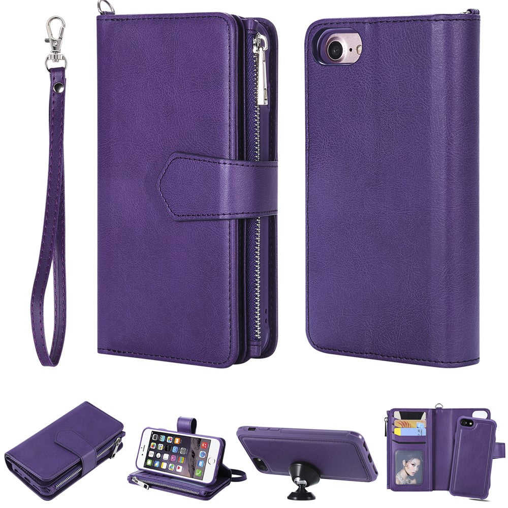 For iPhone SE (2022) / SE (2020)  / 8 / 7 / 6S / 6 Magnetic Leather Case Mobile Cover with Detachable Zipper Wallet Strap