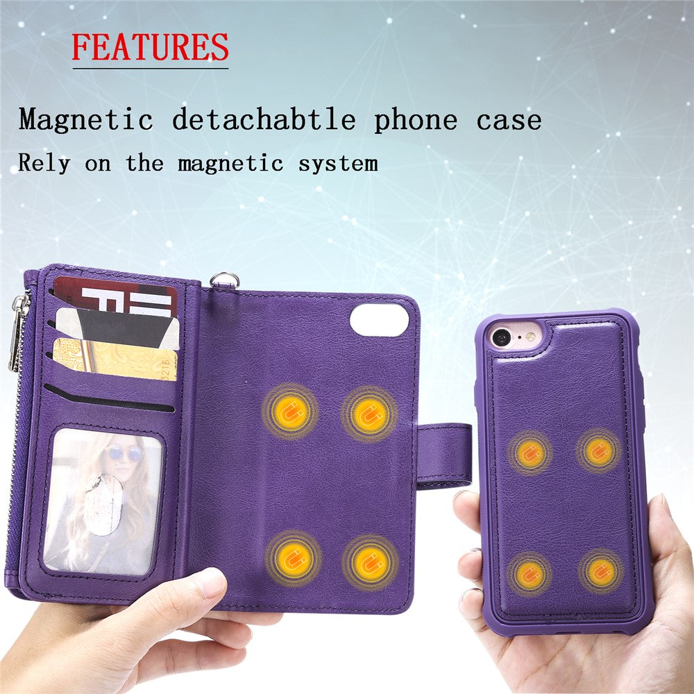 For iPhone SE (2022) / SE (2020)  / 8 / 7 / 6S / 6 Magnetic Leather Case Mobile Cover with Detachable Zipper Wallet Strap