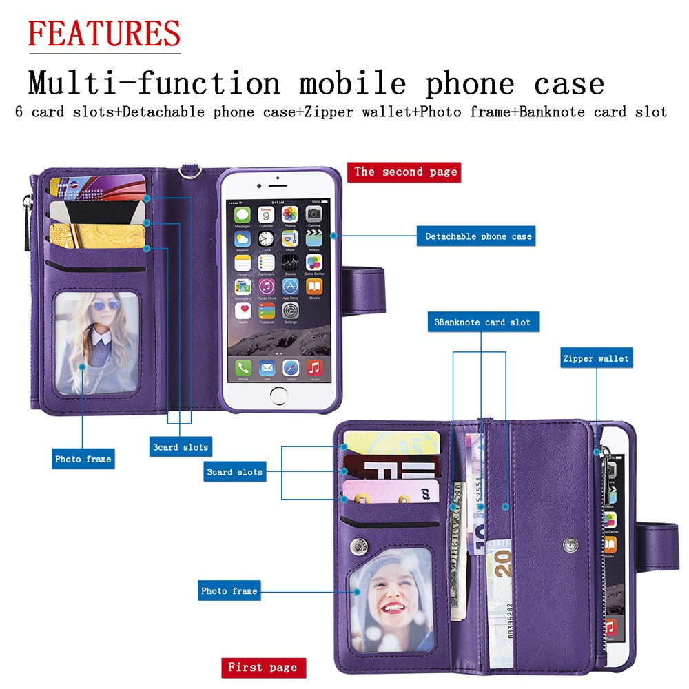 For iPhone SE (2022) / SE (2020)  / 8 / 7 / 6S / 6 Magnetic Leather Case Mobile Cover with Detachable Zipper Wallet Strap