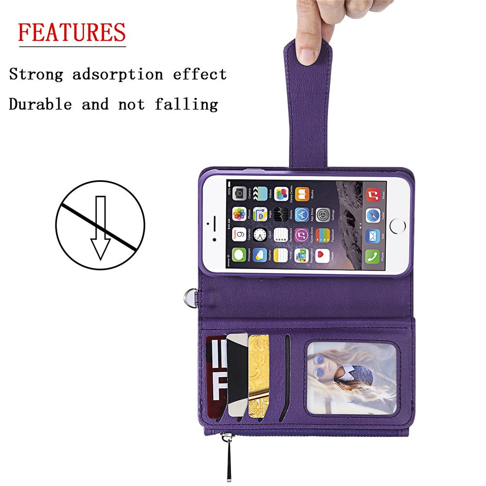 For iPhone SE (2022) / SE (2020)  / 8 / 7 / 6S / 6 Magnetic Leather Case Mobile Cover with Detachable Zipper Wallet Strap