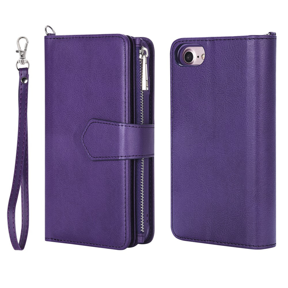 For iPhone SE (2022) / SE (2020)  / 8 / 7 / 6S / 6 Magnetic Leather Case Mobile Cover with Detachable Zipper Wallet Strap