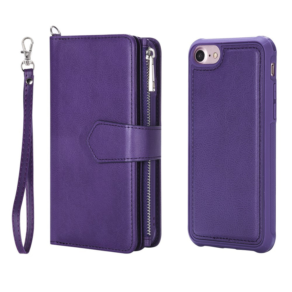 For iPhone SE (2022) / SE (2020)  / 8 / 7 / 6S / 6 Magnetic Leather Case Mobile Cover with Detachable Zipper Wallet Strap