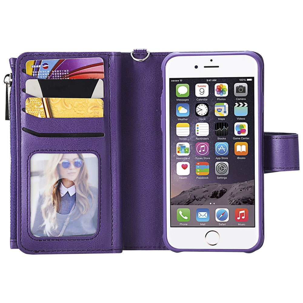 For iPhone SE (2022) / SE (2020)  / 8 / 7 / 6S / 6 Magnetic Leather Case Mobile Cover with Detachable Zipper Wallet Strap