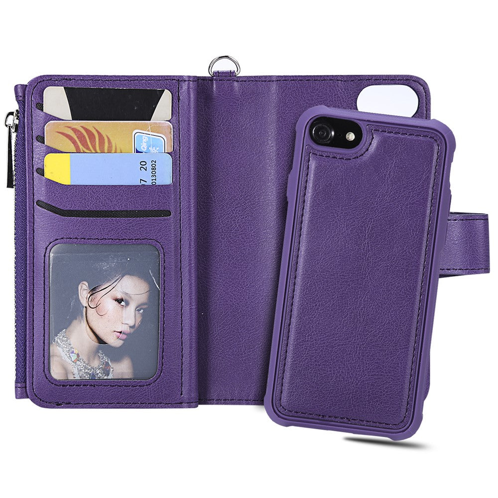 For iPhone SE (2022) / SE (2020)  / 8 / 7 / 6S / 6 Magnetic Leather Case Mobile Cover with Detachable Zipper Wallet Strap
