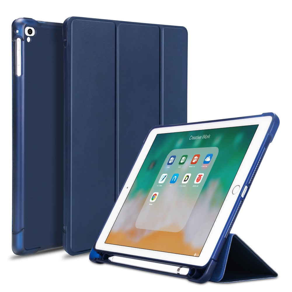 PU-læder tablet-cover til iPad 9,7" (2018) / (2017) / Air 2 / Air (2013) tredobbelt stativ beskyttelsescover indbygget penholder