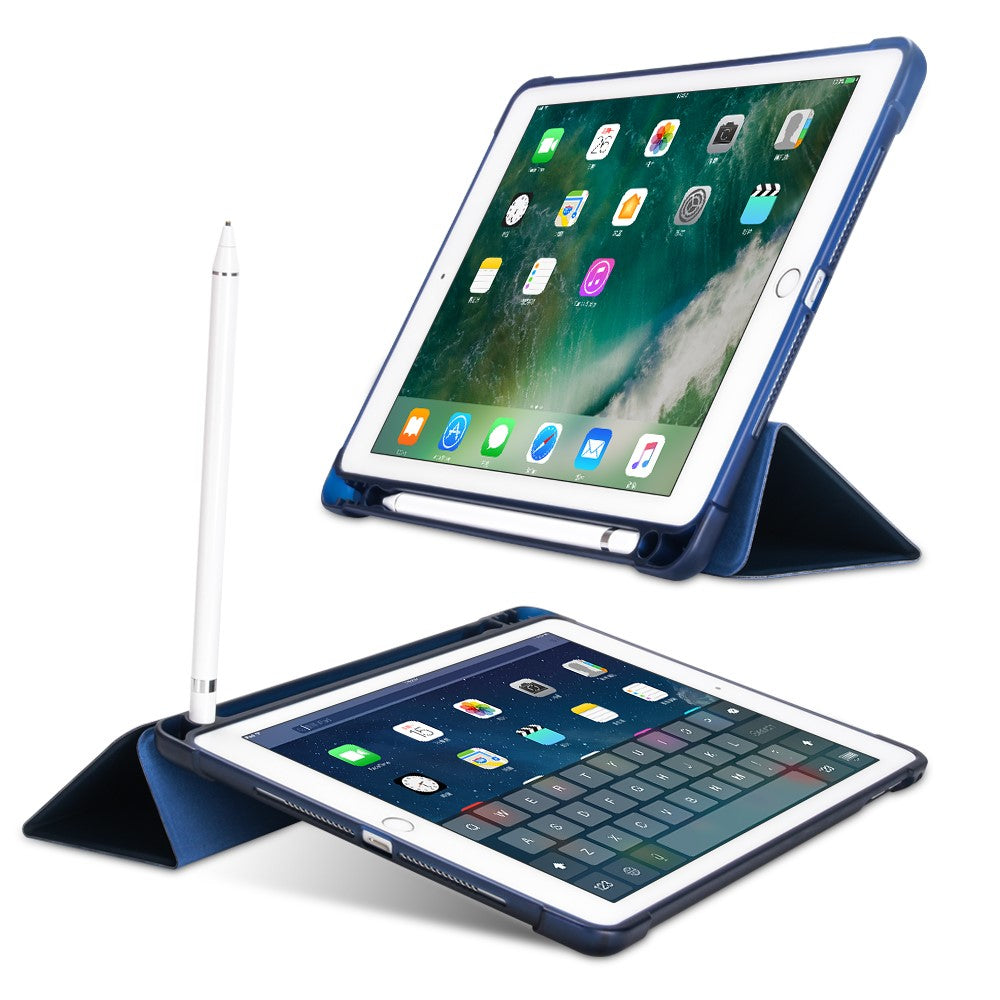 PU-læder tablet-cover til iPad 9,7" (2018) / (2017) / Air 2 / Air (2013) tredobbelt stativ beskyttelsescover indbygget penholder