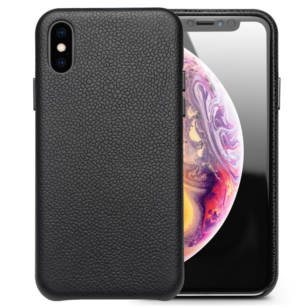 QIALINO Classic Litchi Texture Calf Skin Genuine Leather Coated PC Back Shell for iPhone XS Max 6.5 inch