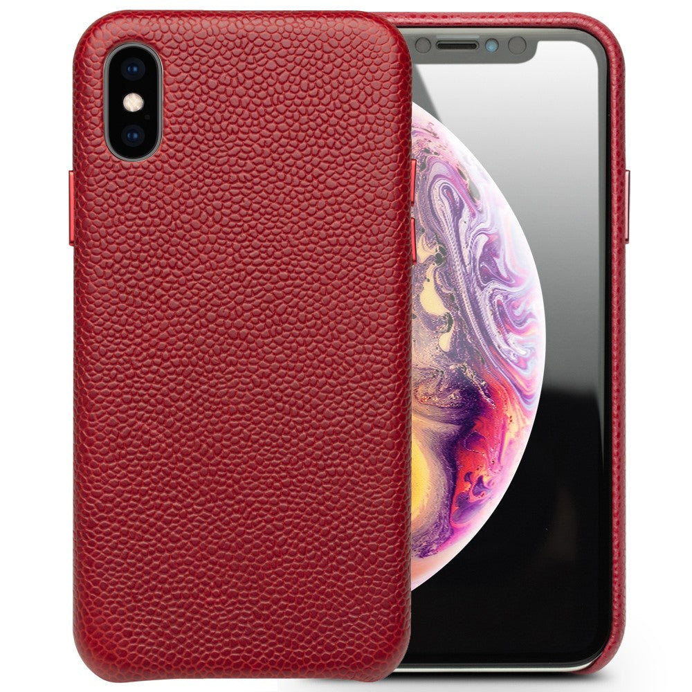 QIALINO Classic Litchi Texture Calf Skin Genuine Leather Coated PC Back Shell for iPhone XS Max 6.5 inch