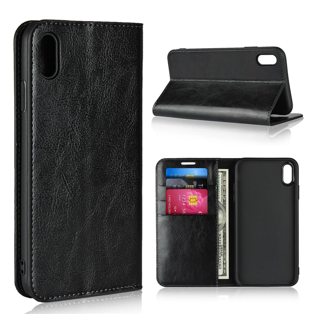 Til iPhone XS Max 6,5 tommer Crazy Horse Ægte Læder Pung Etui med Standfunktion