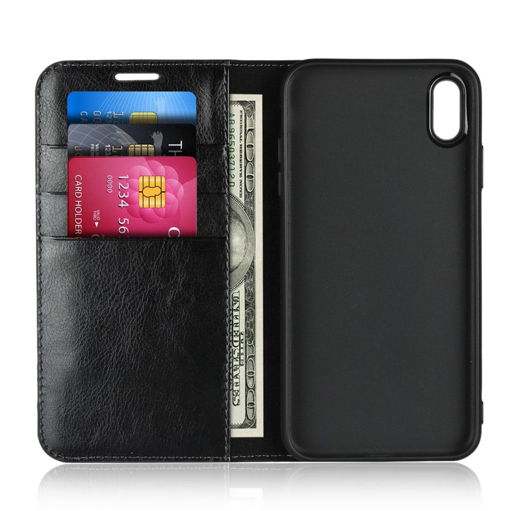 Til iPhone XS Max 6,5 tommer Crazy Horse Ægte Læder Pung Etui med Standfunktion