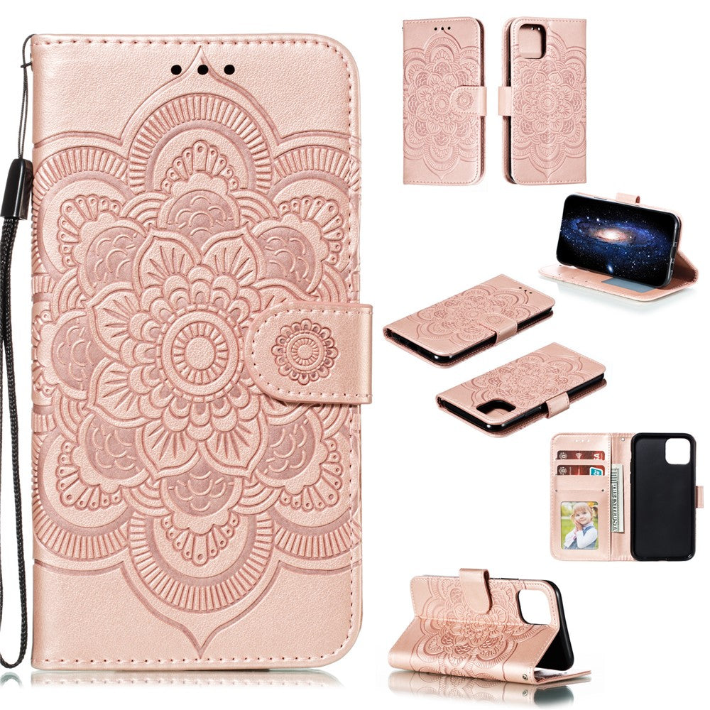 Läderplånboksfodral med tryckt solmandala och blommönster till iPhone 11 Pro 5,8 tum (2019)