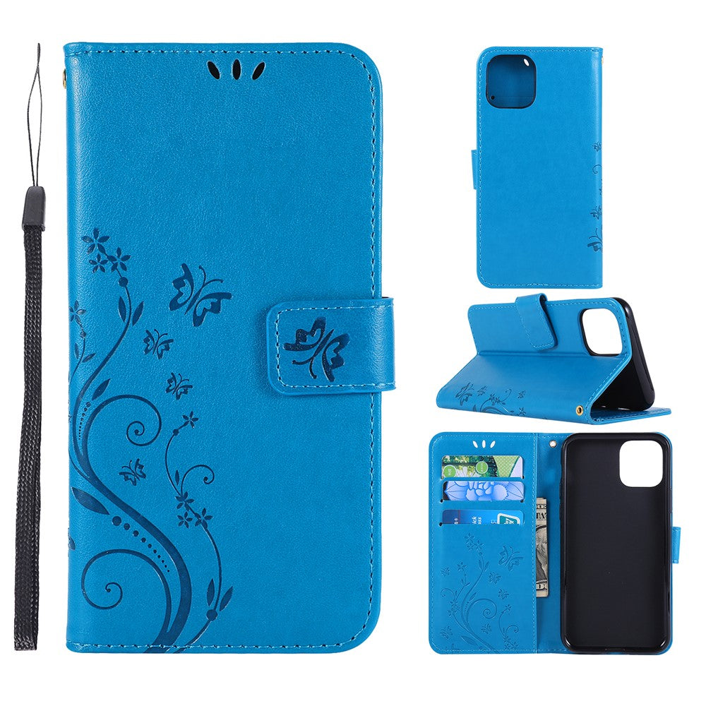 Præg sommerfugleblomster læder mobiltelefoncover til iPhone 11 Pro Max 6,5 tommer (2019)