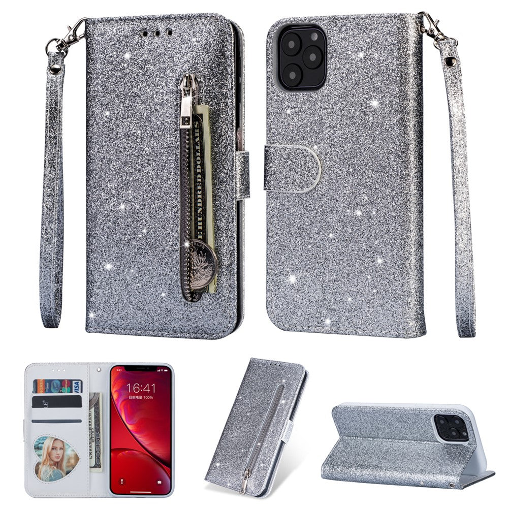 Lynlås-pung i kunstlæder med glimmer og rem til iPhone 11 6,1-inch (2019)