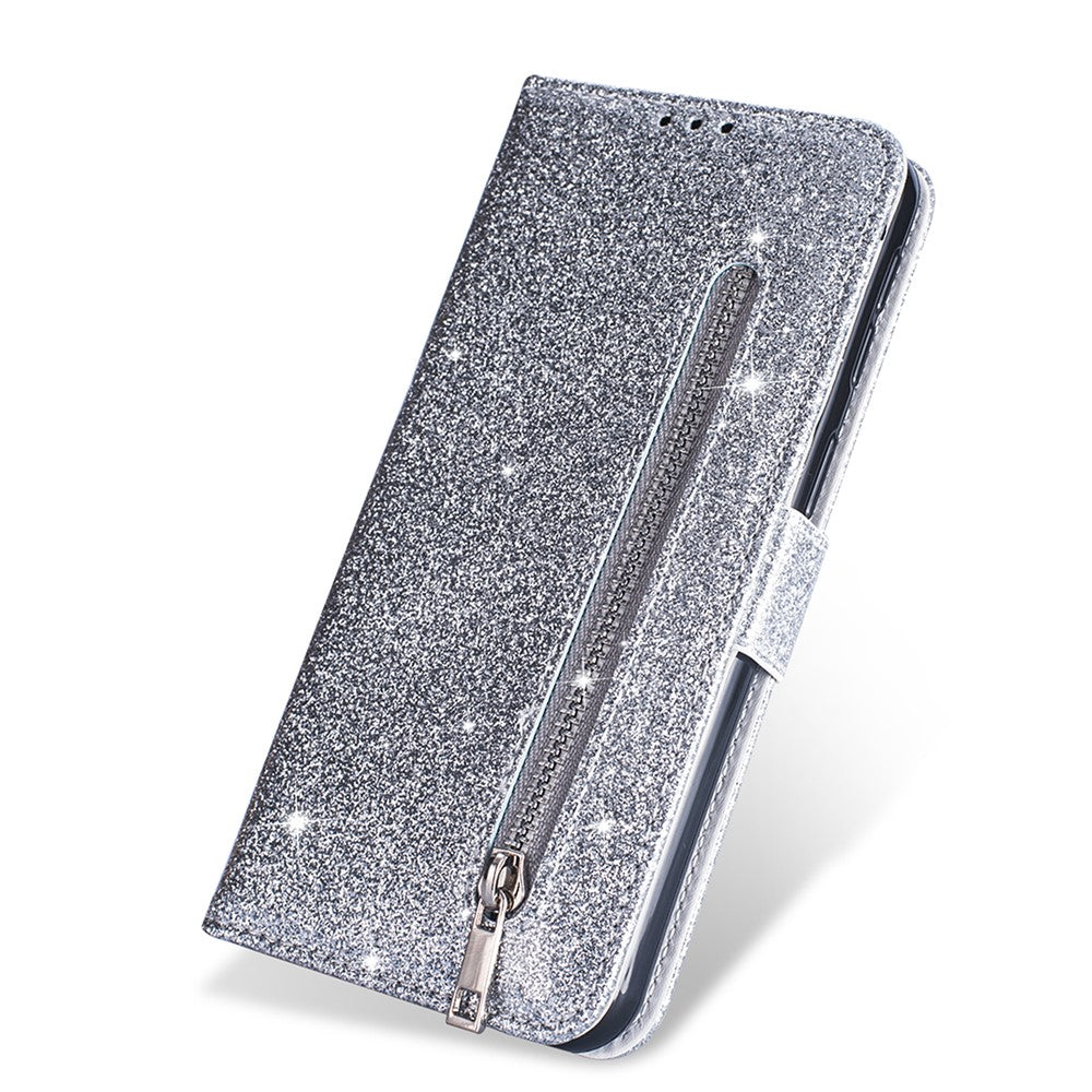 Flash Powder Zippered Stand Leather Wallet Cover with Strap for iPhone 11 6.1-inch (2019)