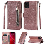 Flash Powder Zippered Stand Leather Wallet Cover with Strap for iPhone 11 6.1-inch (2019)