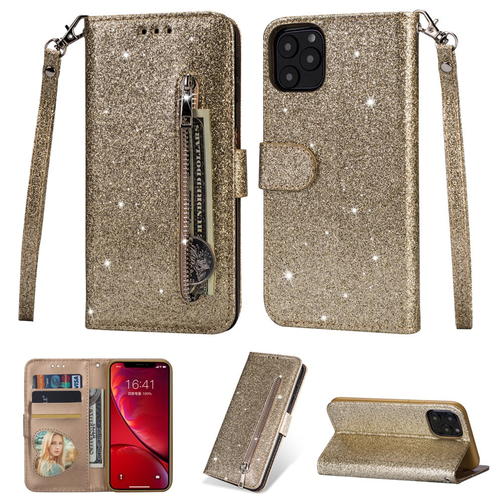 Flash Powder Zippered Stand Leather Wallet Cover with Strap for iPhone 11 6.1-inch (2019)
