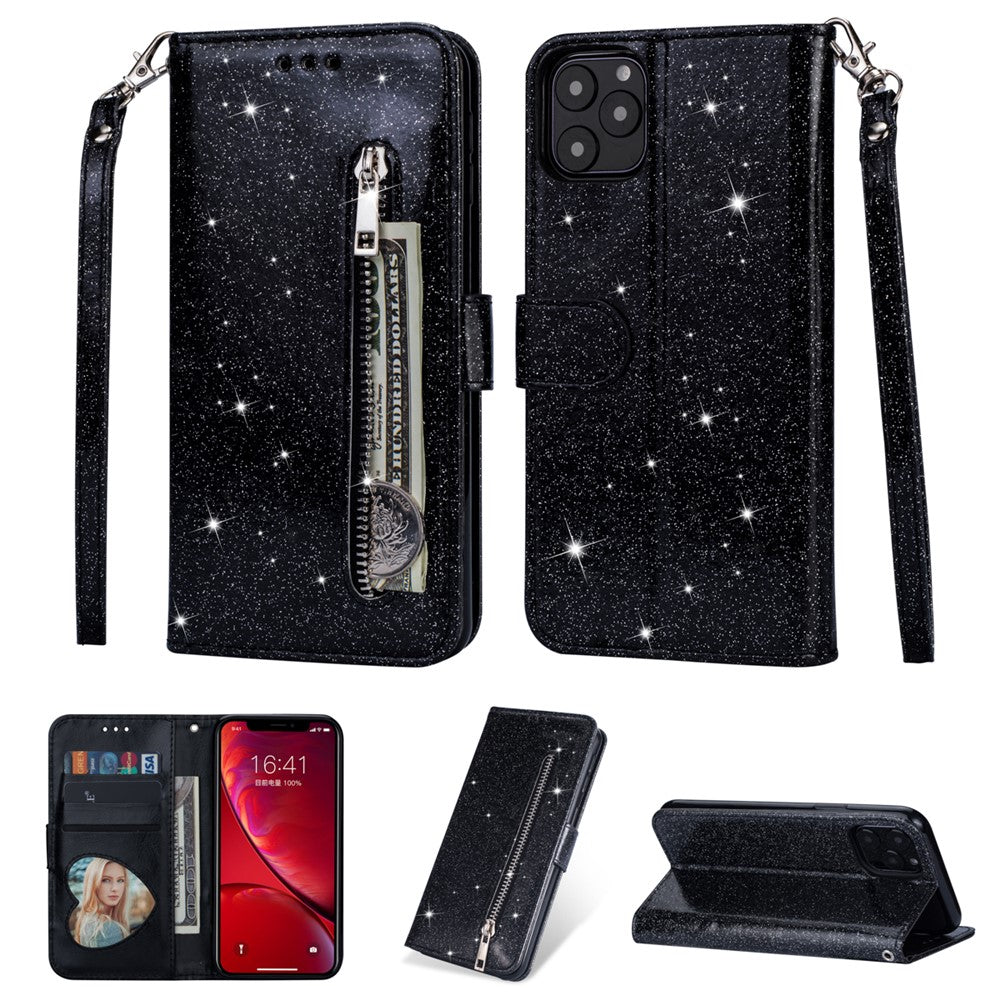 Flash Powder Pung med lynlås og flip-lædertelefoncover med rem til iPhone 11 Pro 5,8 tommer (2019)