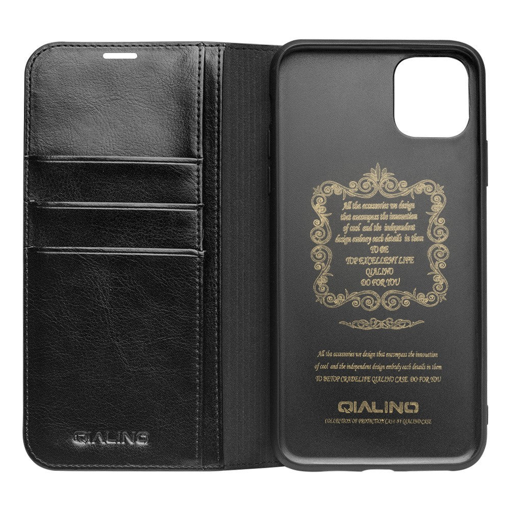 QIALINO Til iPhone 11 6,1 tommer Telefoncover Ægte Koskind Læder Pung Beskyttende Cover