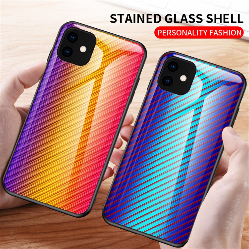 Carbon Fiber Texture Tempered Glass + PC + TPU Hybrid Phone Case for iPhone 11 Pro Max 6.5 inch (2019)