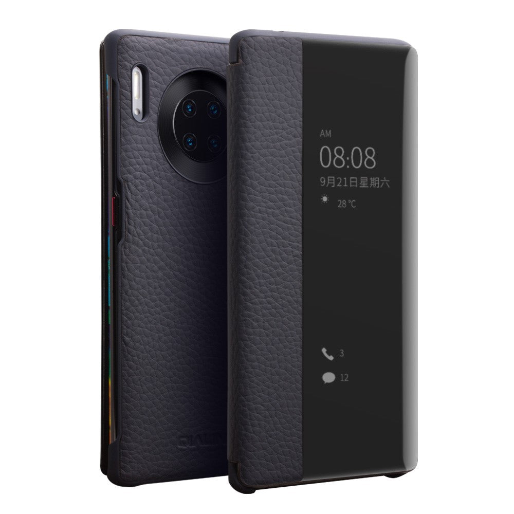 QIALINO View Window Smartfodral i läder med litchi-struktur till Huawei Mate 30 Pro