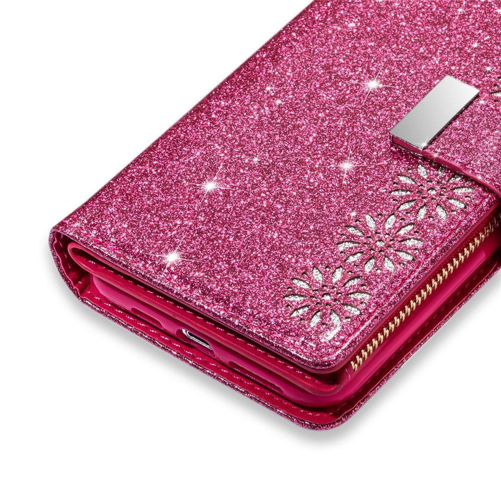 Glittery Starry Style Laser Carving Zipper Wallet Stand Leather Phone Shell for iPhone SE (2020)/SE (2022)/8/7