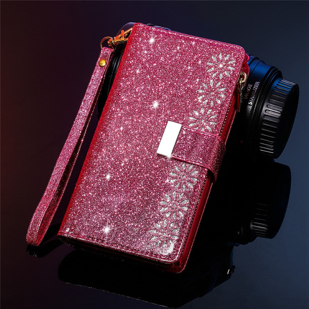 Glittery Starry Style Laser Carving Zipper Wallet Stand Leather Phone Shell for iPhone SE (2020)/SE (2022)/8/7