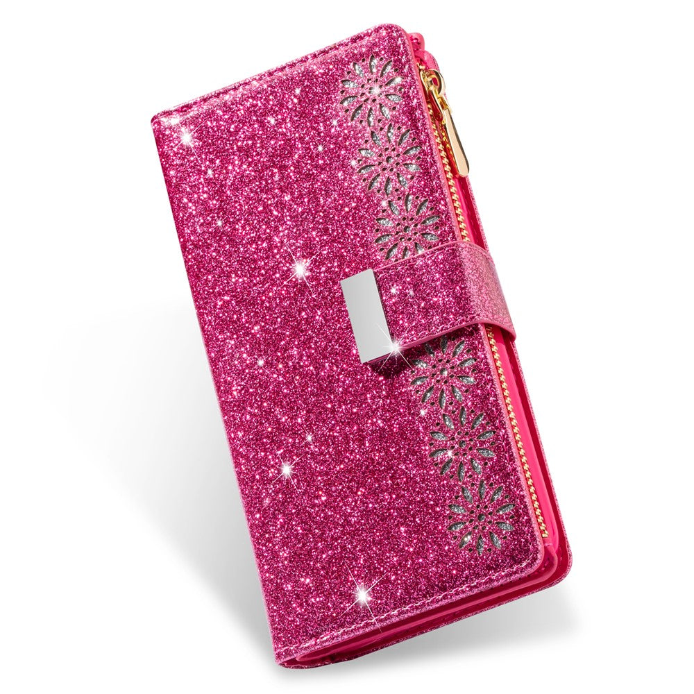 Glittery Starry Style Laser Carving Zipper Wallet Stand Leather Phone Shell for iPhone SE (2020)/SE (2022)/8/7