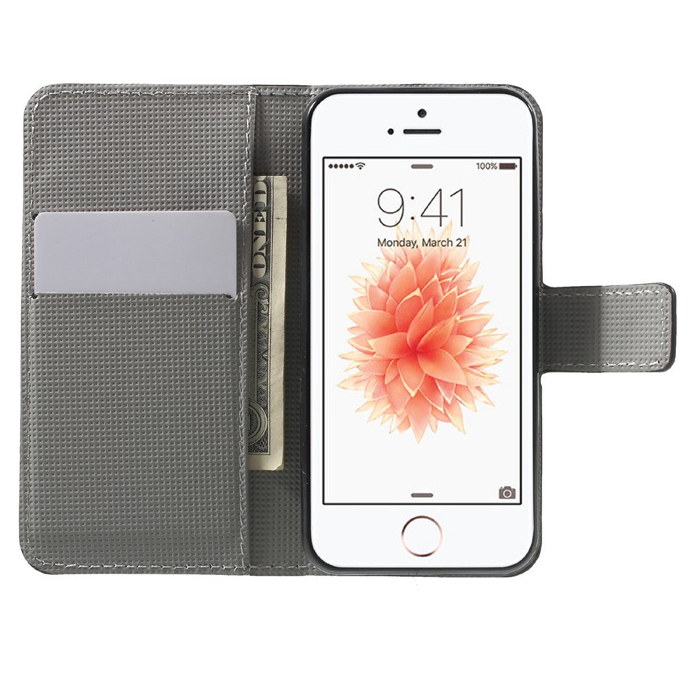 Water Transfer Printing Patterned Leather Wallet Stand Protective Case for iPhone SE/5s/5
