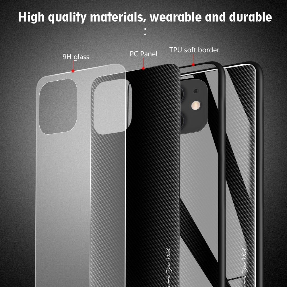 Karbonfibertekstur Glasbagside + TPU kombinationscover til iPhone 12/12 Pro 6,1 tommer