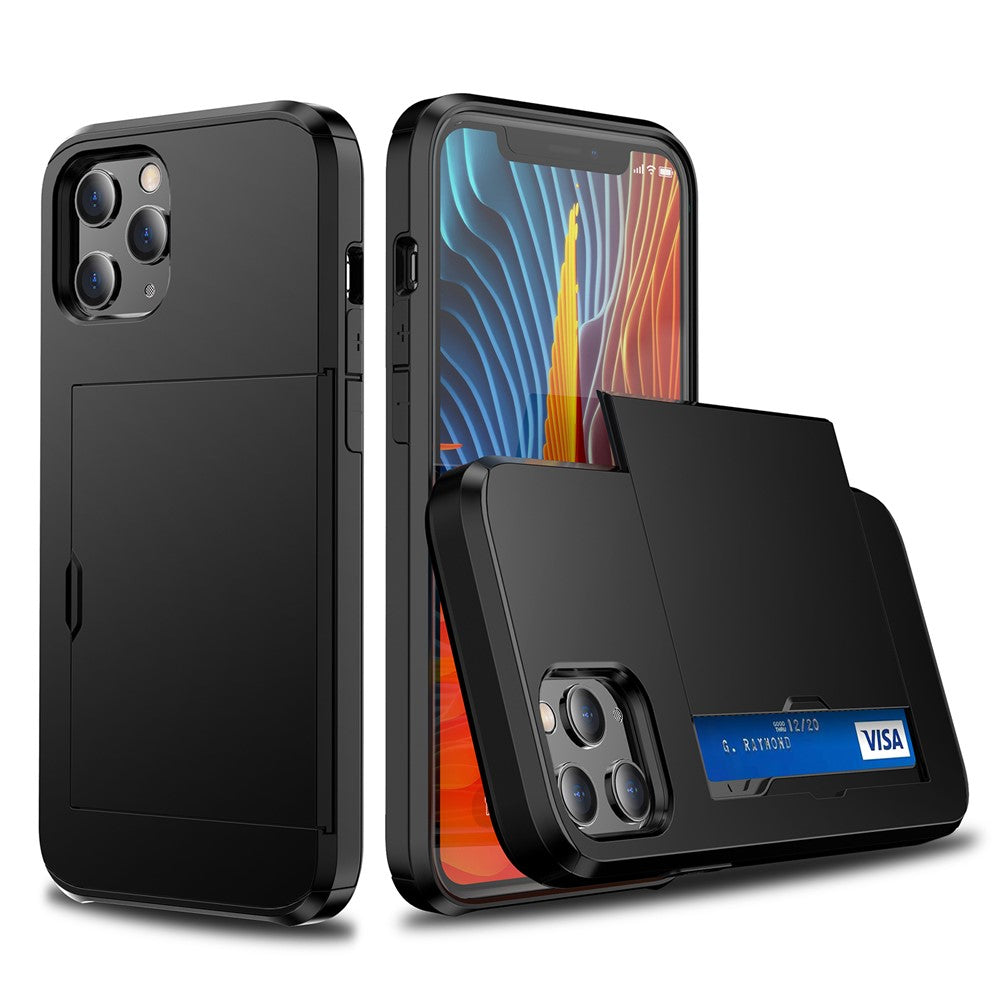 For iPhone 12 Pro/12 Anti-scratch Durable Shockproof Dustproof Phone Bag Covering Slide Card Slot Plastic + TPU Hybrid Shell Phone Cover Case