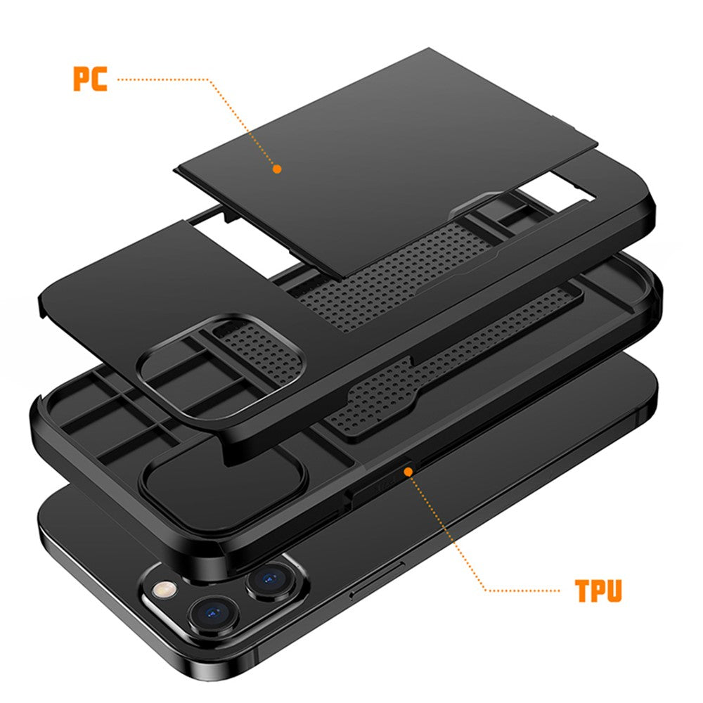 For iPhone 12 Pro/12 Anti-scratch Durable Shockproof Dustproof Phone Bag Covering Slide Card Slot Plastic + TPU Hybrid Shell Phone Cover Case