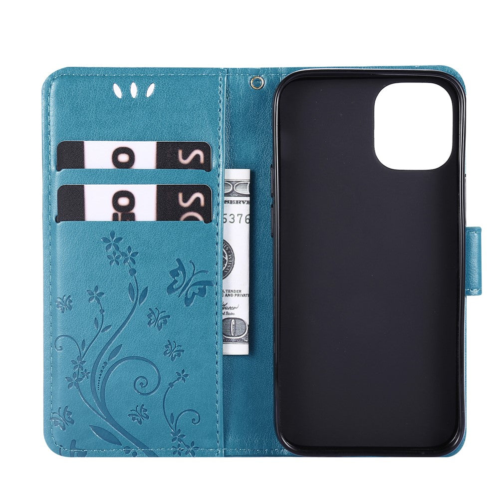 Imprint Butterfly Flower Leather Case with Strap for iPhone 12 mini